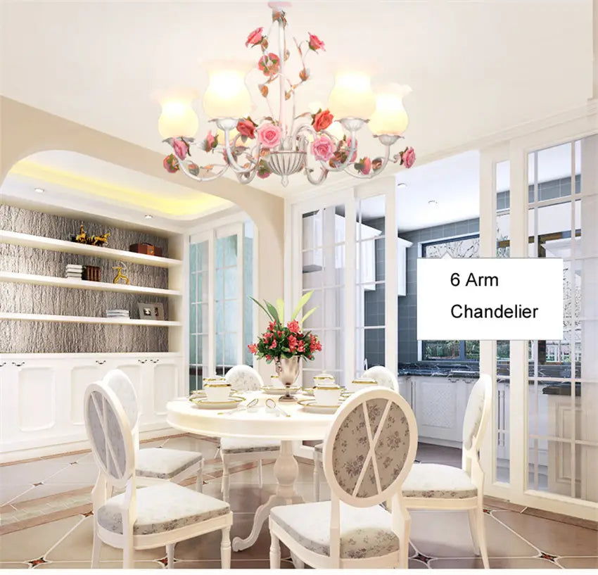 Floral E27 Led Chandelier White Flower Iron Alloy