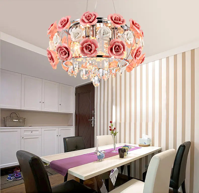 Modern Led Crystal Chandelier Lighting Ceramics Rose Flower