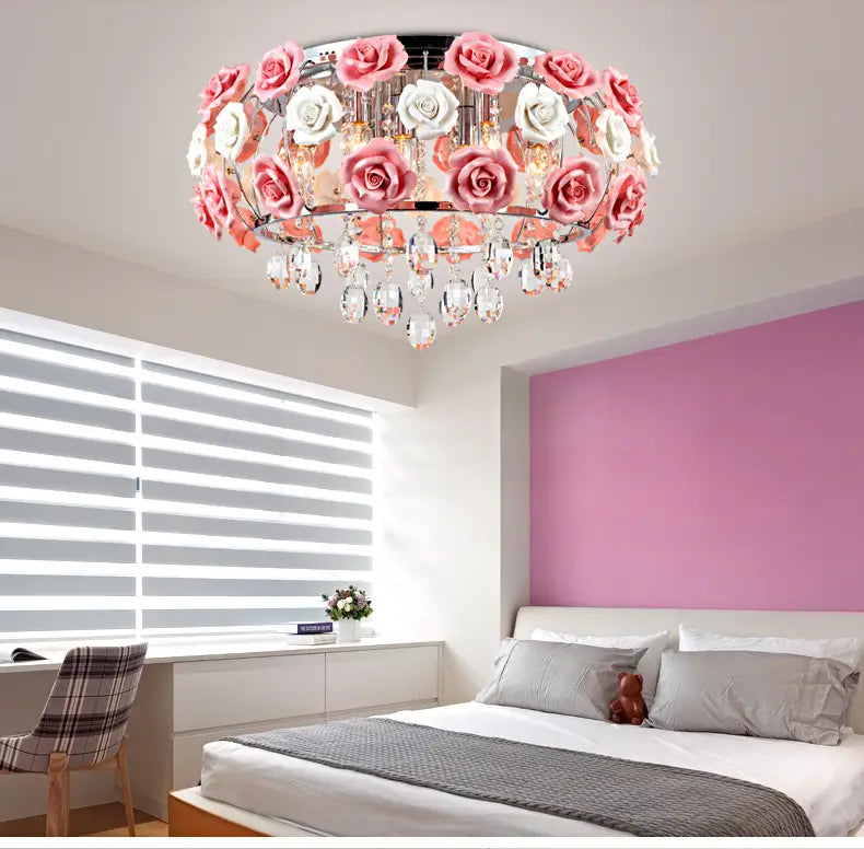 Modern Led Crystal Chandelier Lighting Ceramics Rose Flower