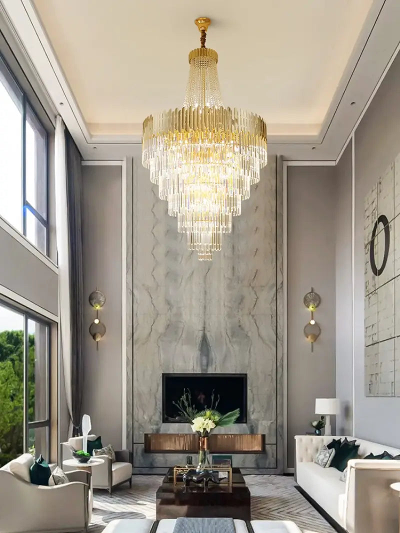 Double Height Large crystal chandelier gold luxury villa