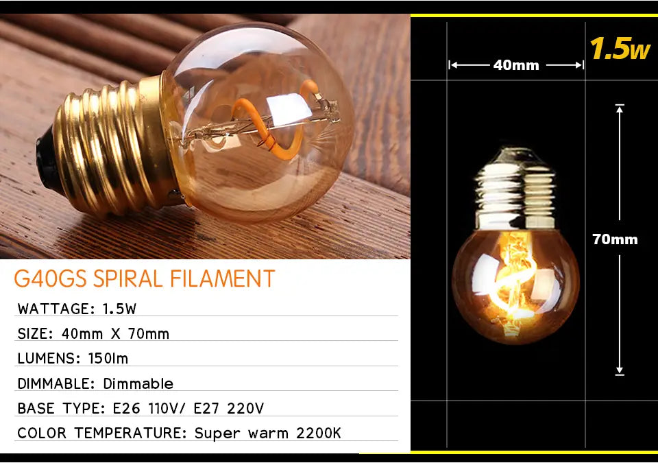 Retro Dimmable LED Edison Bulb E27 3W Gold Spiral Filament