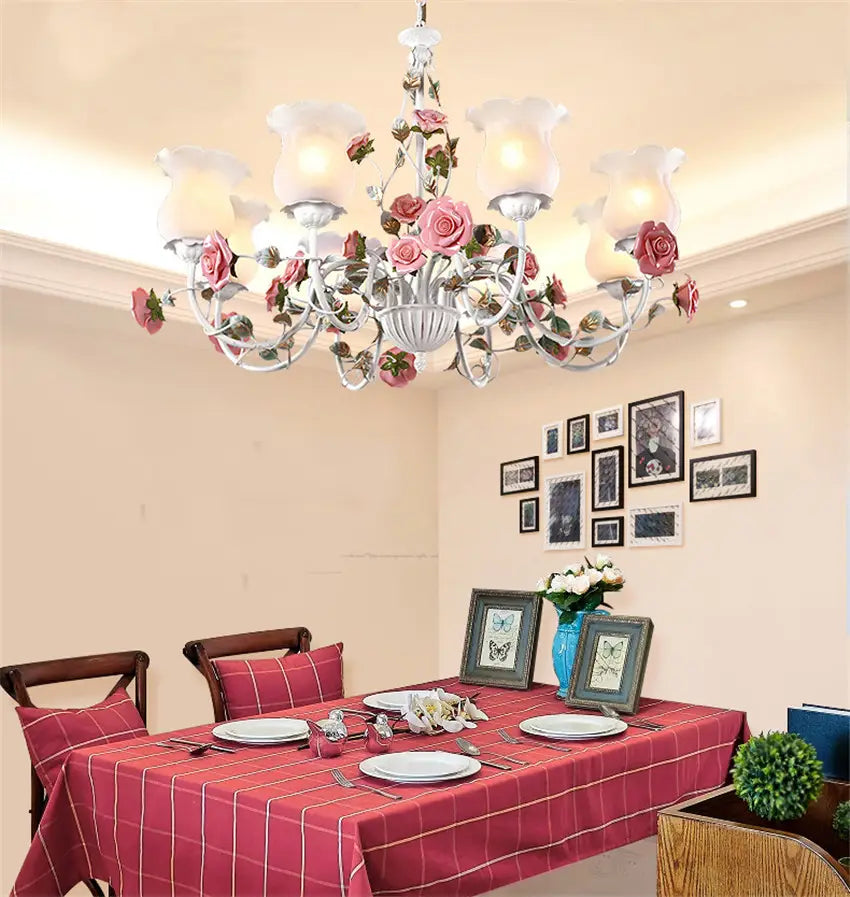 Floral E27 Led Chandelier White Flower Iron Alloy