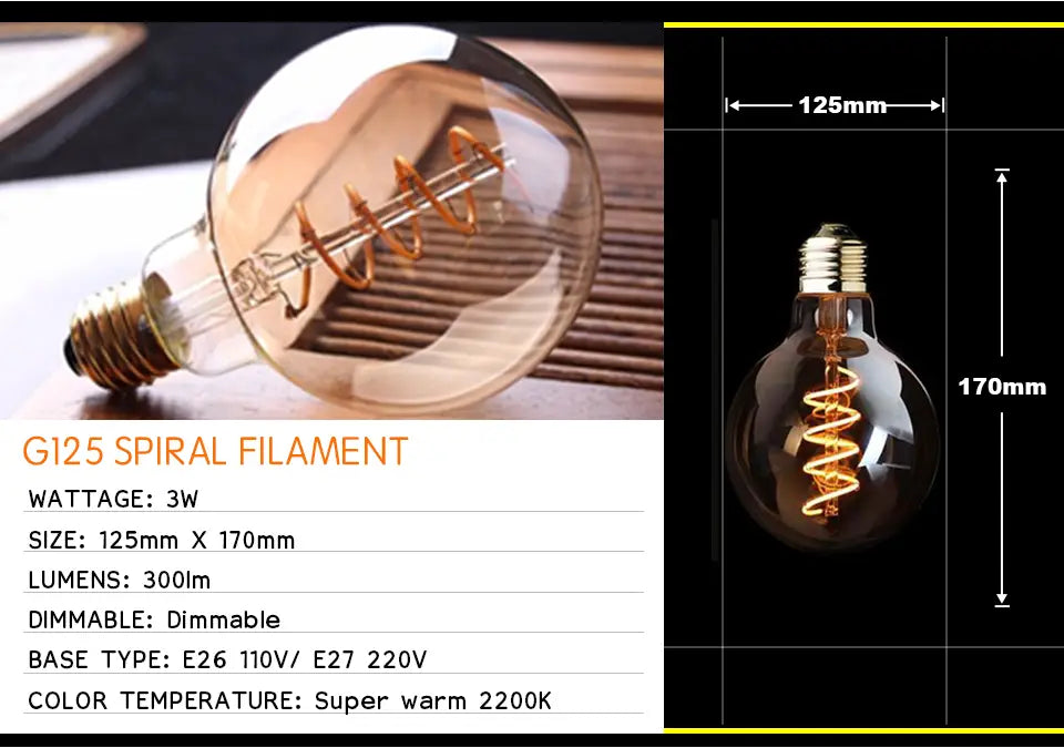 Retro Dimmable LED Edison Bulb E27 3W Gold Spiral Filament