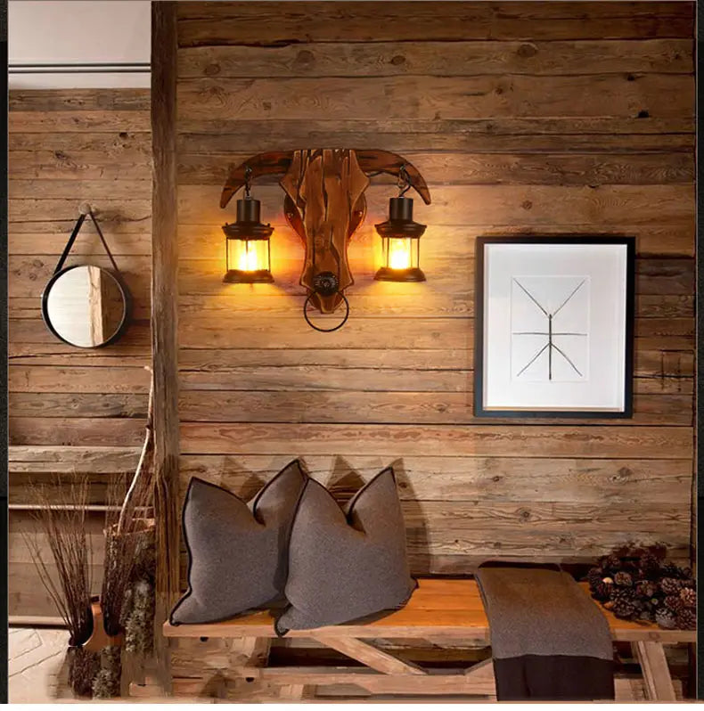 Industrial Light Design Retro Iron Wood Lamp Glass Wall Lamp