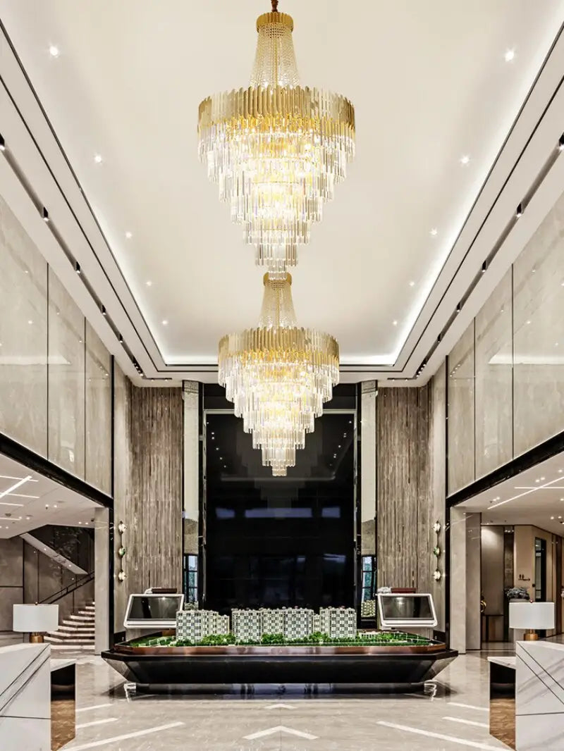 Double Height Large crystal chandelier gold luxury villa