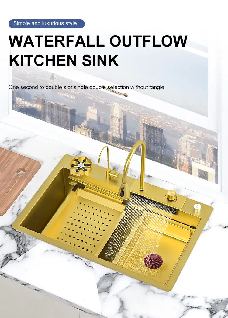 Waterfall Kitchen Sink Gold Nano 304 Stainless Steel Sink