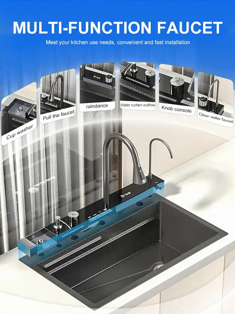 Waterfall Kitchen Sink 304 Stainless Steel Sink Digital