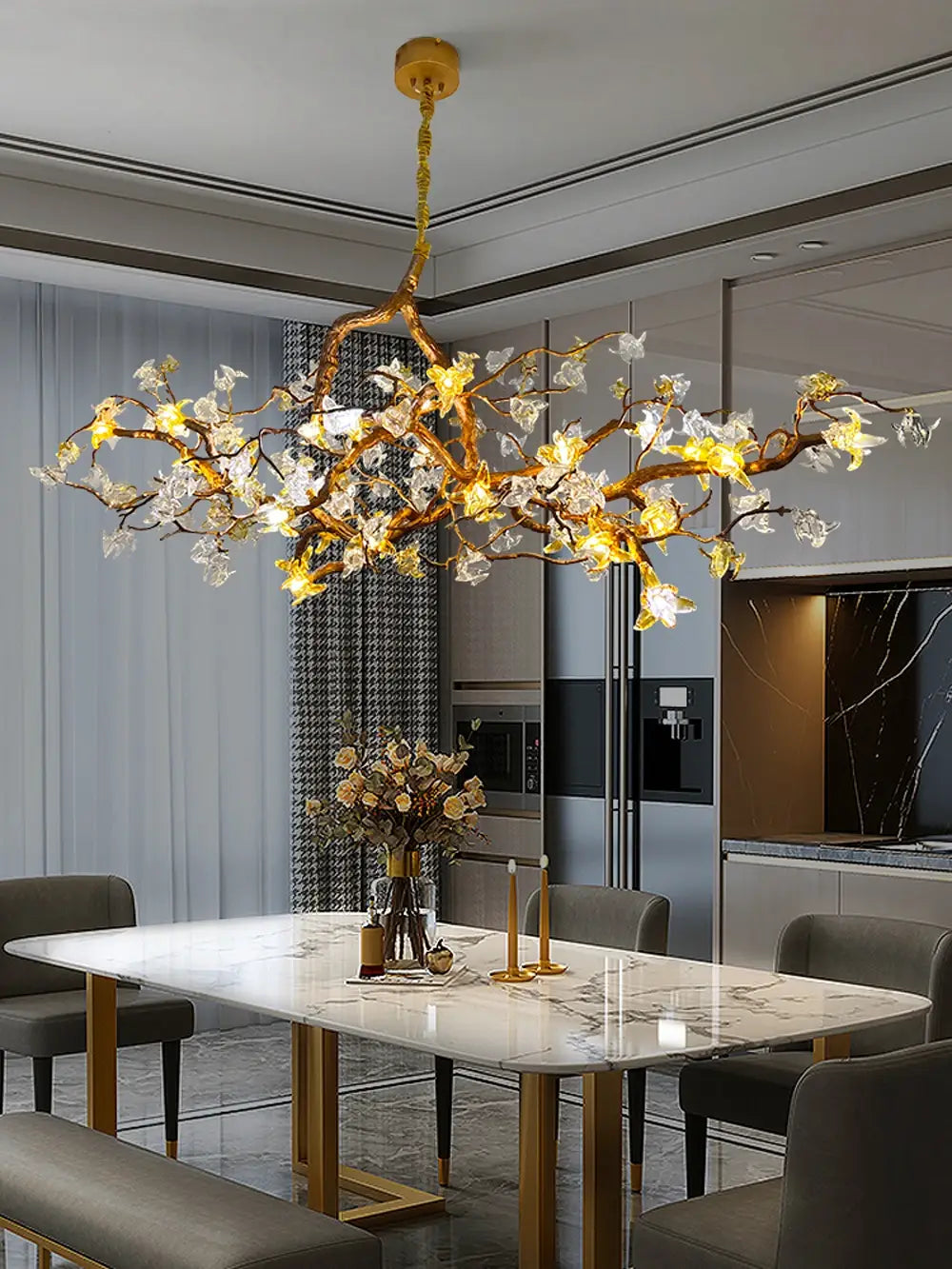 Gold Flower Chandelier - Luxury Copper Lamp with Art Glass -