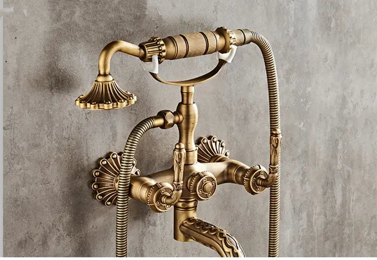 Antique Brass Bathtub Shower Faucets Set Wall Mounted Bath