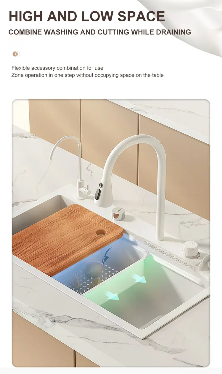 Waterfall Kitchen Sink White Large Single Slot Nano 304