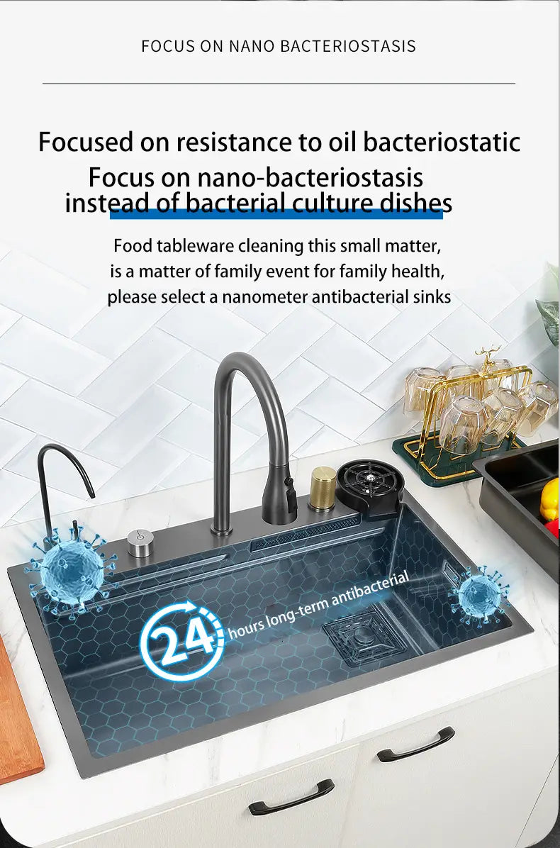 Black Nano Kitchen Sink 304 Stainless Steel Waterfall Sink