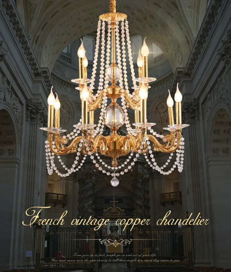 French Crystal Copper Chandelier Villa Duplex Lamp Luxury