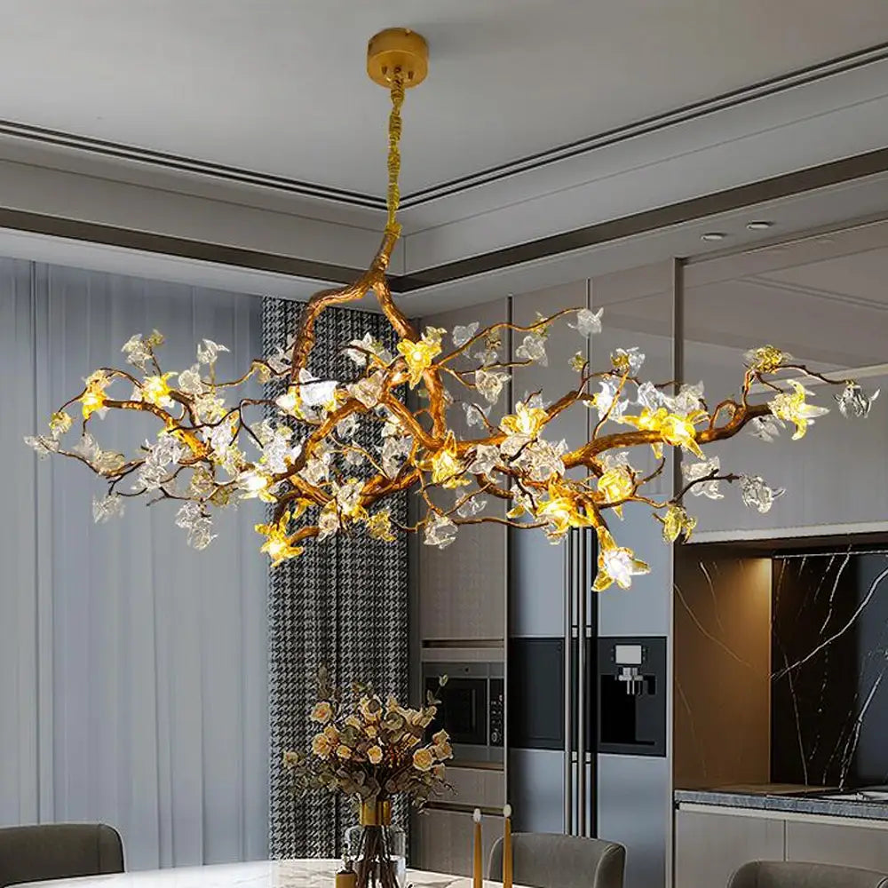 Gold Flower Chandelier - Luxury Copper Lamp with Art Glass -