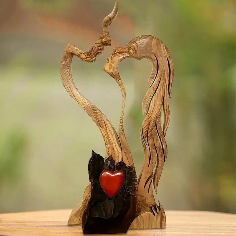 Love Eternal Wooden Heart Sculpture: Hand-carved Kissing