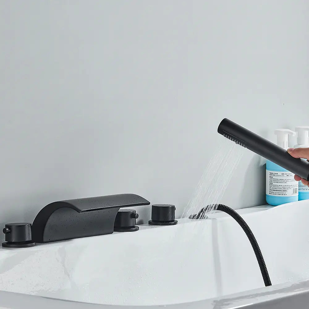 Black Brass Waterfall Bathtub Faucet Widespread Tub Sink Tap
