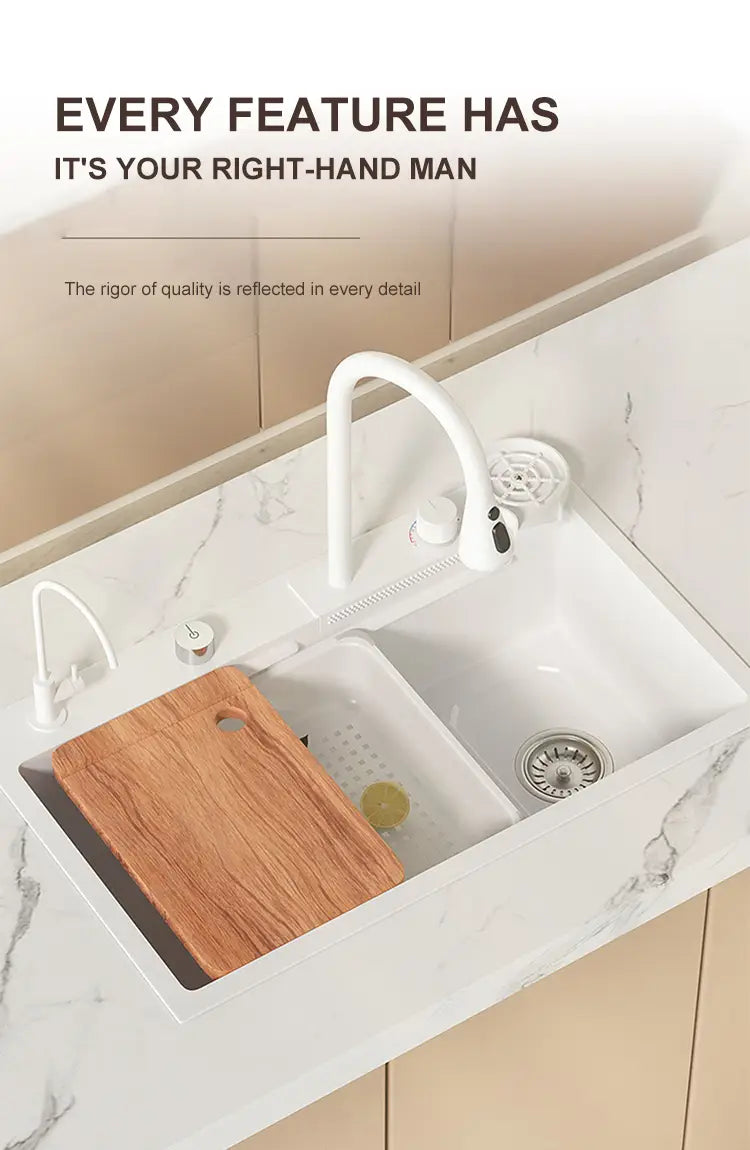 Waterfall Kitchen Sink White Large Single Slot Nano 304