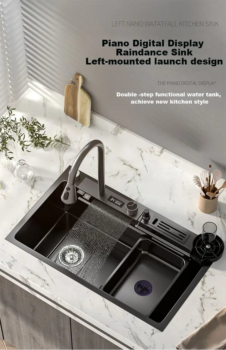 304 Stainless Steel Kitchen Waterfall Sink Digital Display