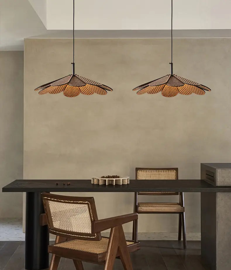 Korean Wood Dining Room Pendant Lights Petal Shape Warm