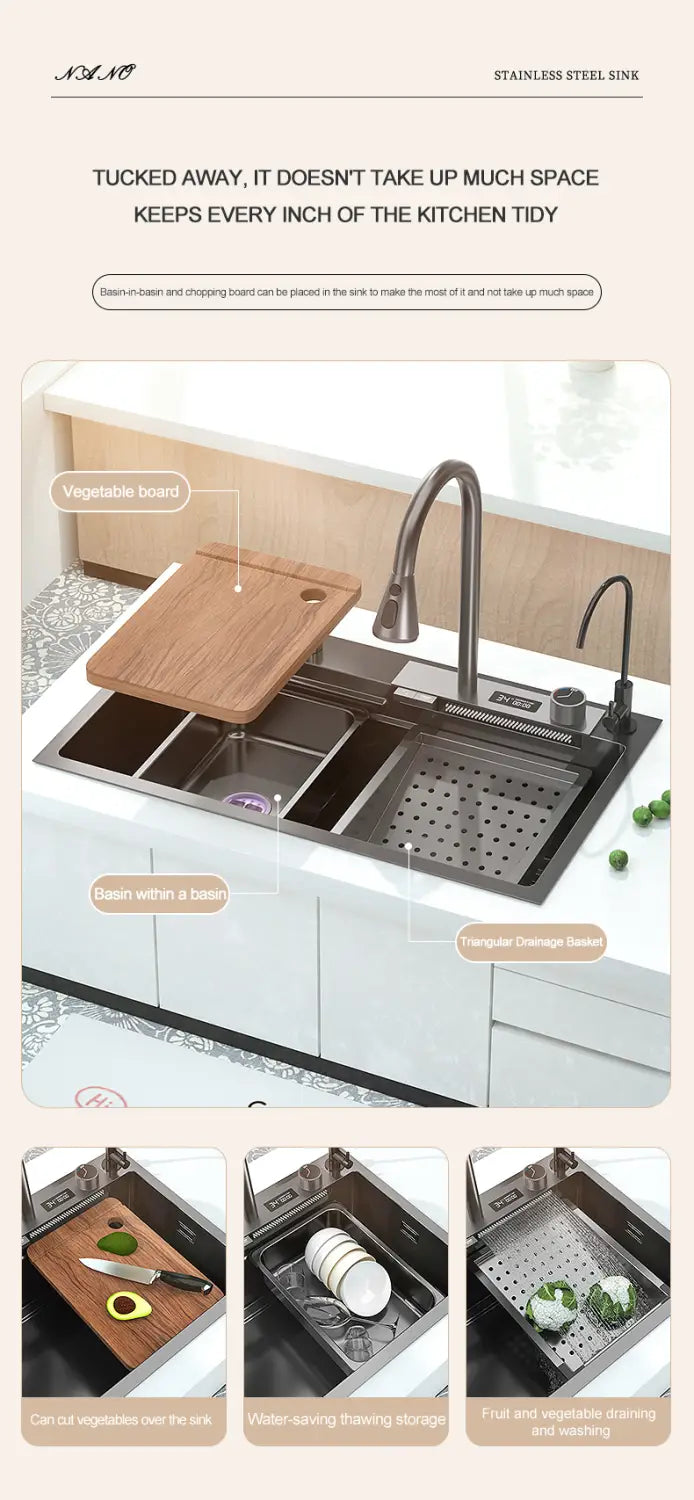 Waterfall Sink Stainless Steel Kitchen Sink Large Single