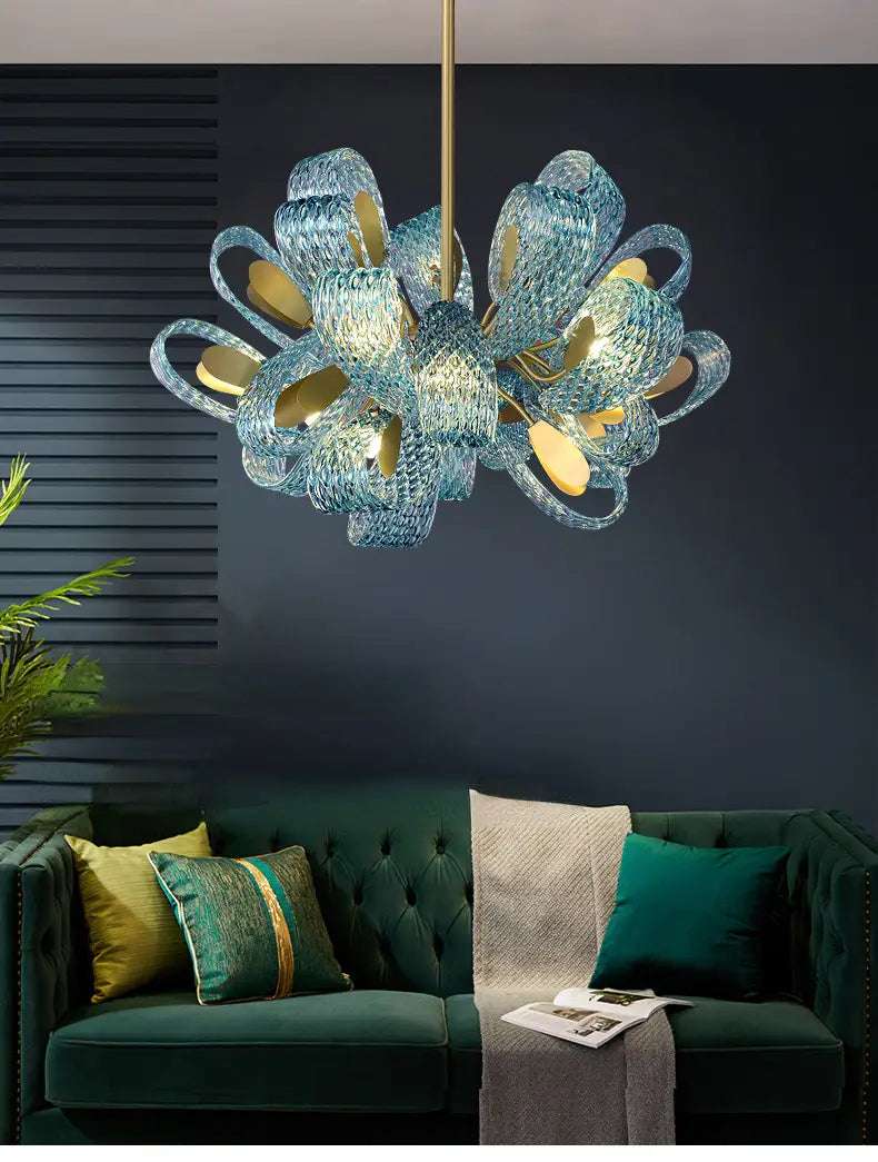 Modern Luxury Flower Ceiling Chandeliers Blue Copper Led