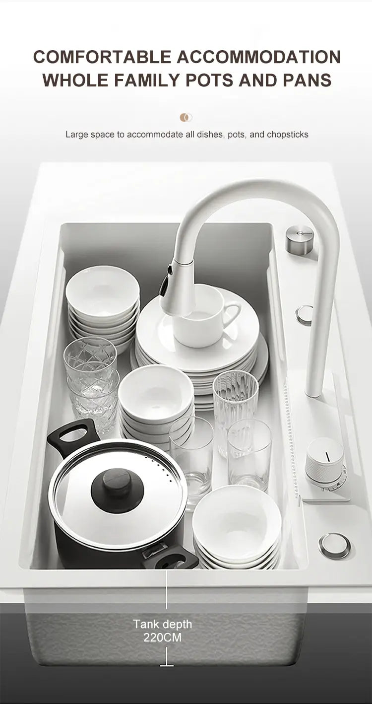 Waterfall Kitchen Sink White Large Single Slot Nano 304