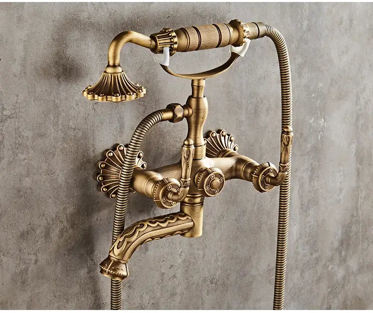 Antique Brass Bathtub Shower Faucets Set Wall Mounted Bath