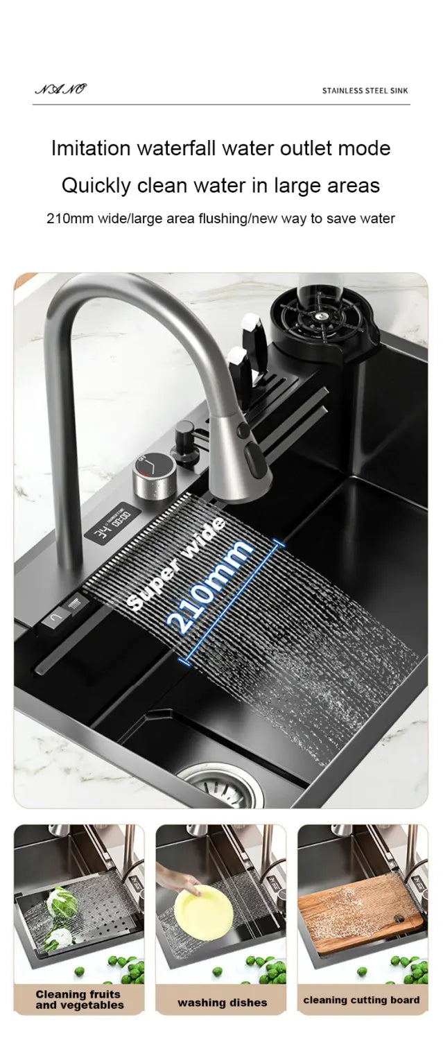 304 Stainless Steel Kitchen Waterfall Sink Digital Display
