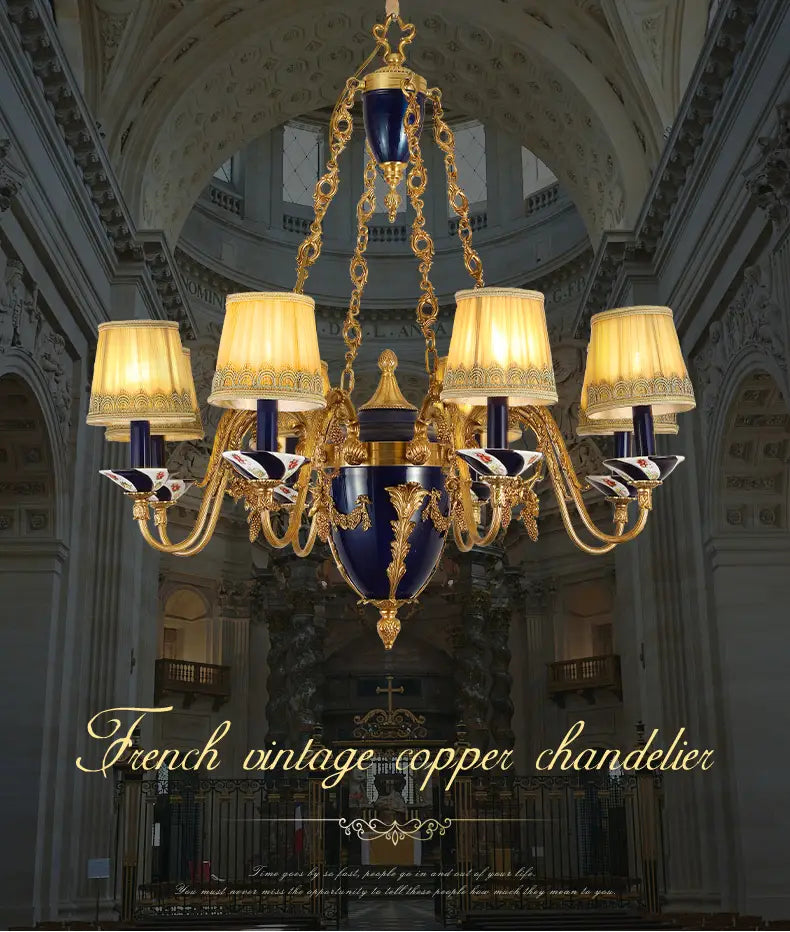 French Brass Living Room Fabric Lampshade Chandelier Hotel