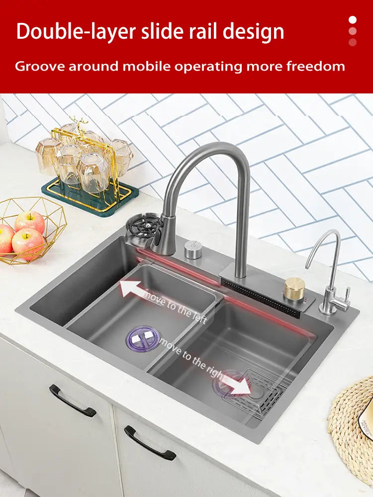 Kitchen Sink Nano 304 Stainless Steel Waterfall Sink Gun