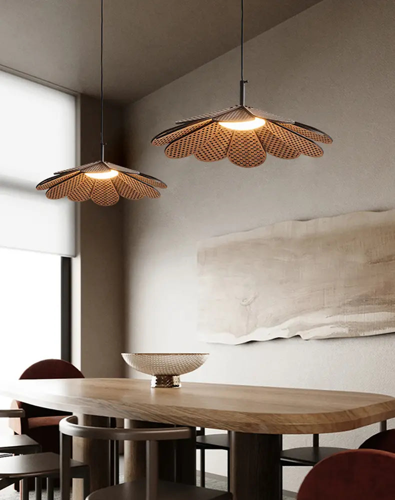 Korean Wood Dining Room Pendant Lights Petal Shape Warm