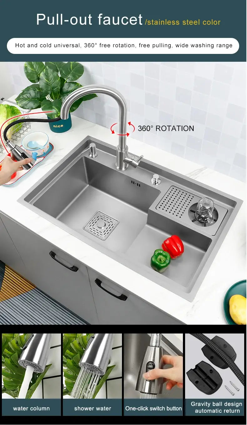 Grey Drop In Kitchen Sink Workstation Undermount Single Bowl
