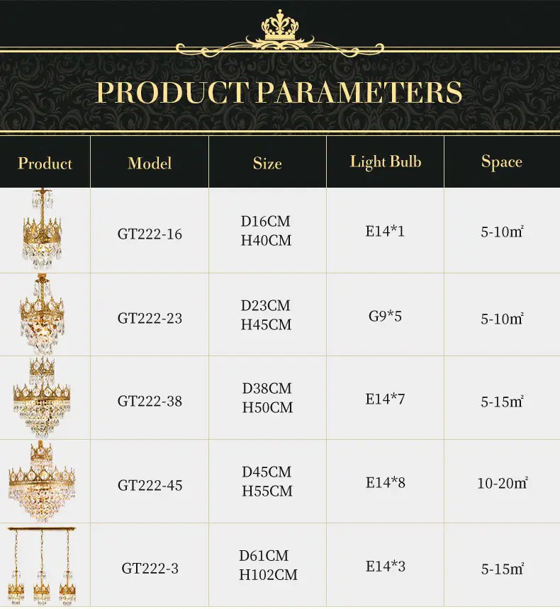 Baroque Royal Crown Crystal Pendant Lamp - Elegant Gold