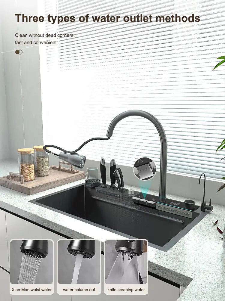 Stainless Steel Waterfall Kitchen Sink Digital Display