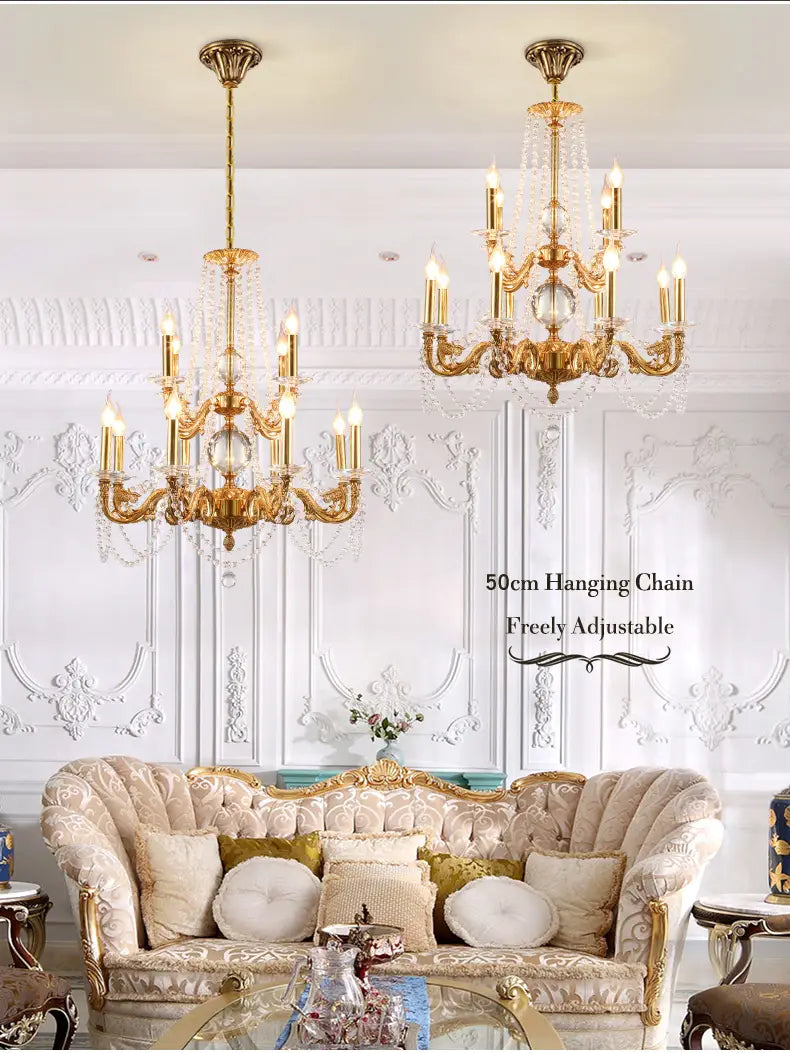 French Crystal Copper Chandelier Villa Duplex Lamp Luxury