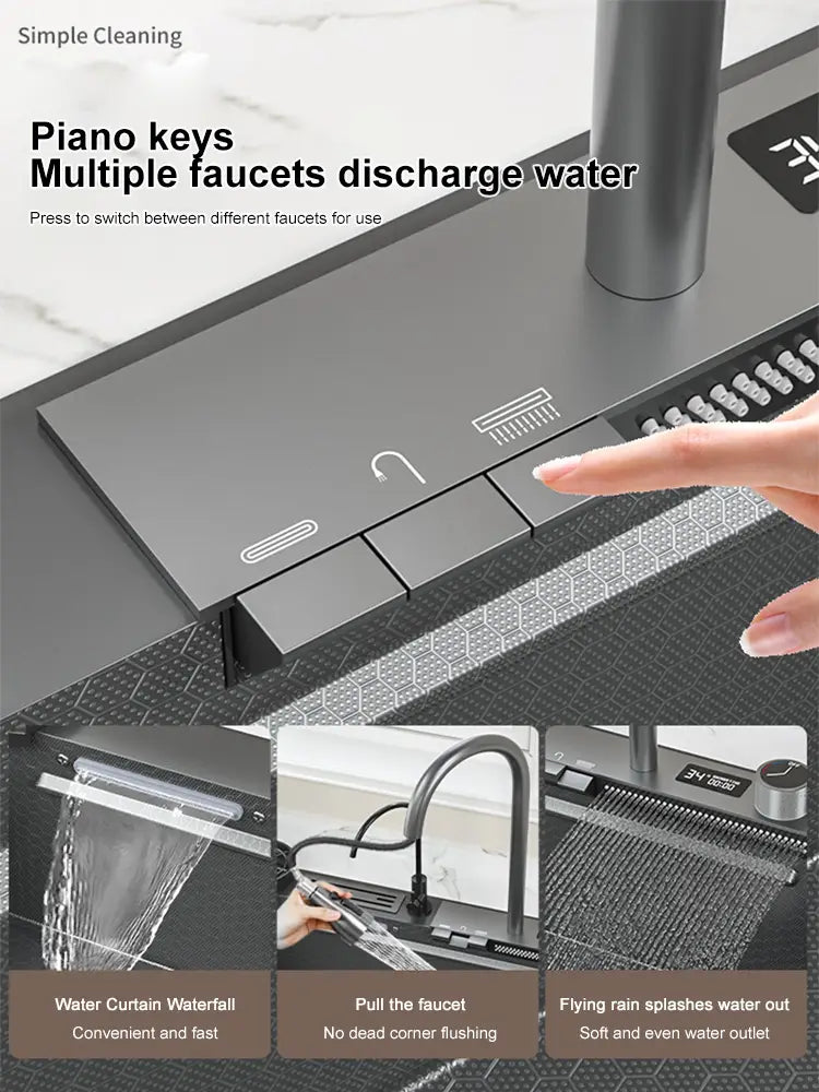 Digital Display Waterfall Sink Embossed Stainless Steel