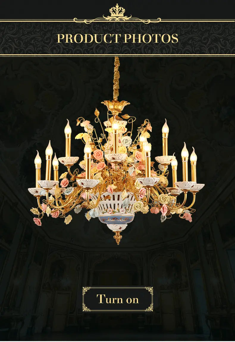 French Rose Ceramic White Chandelier Living Room Duplex