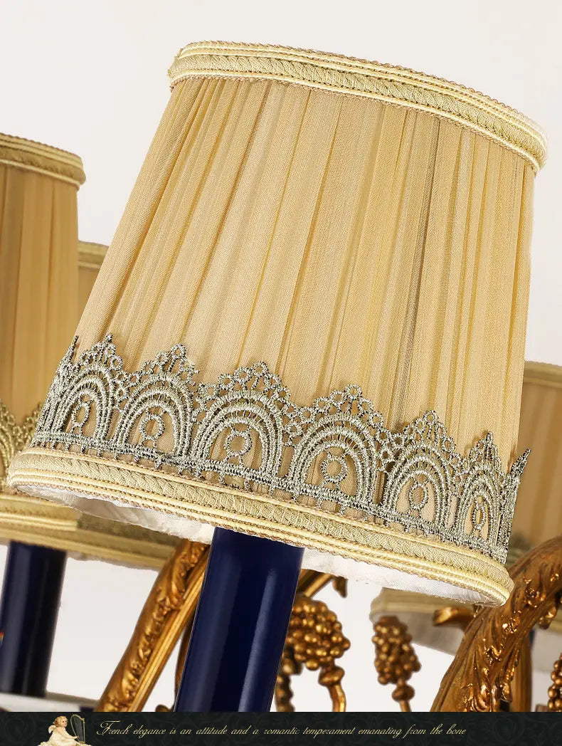 French Brass Living Room Fabric Lampshade Chandelier Hotel