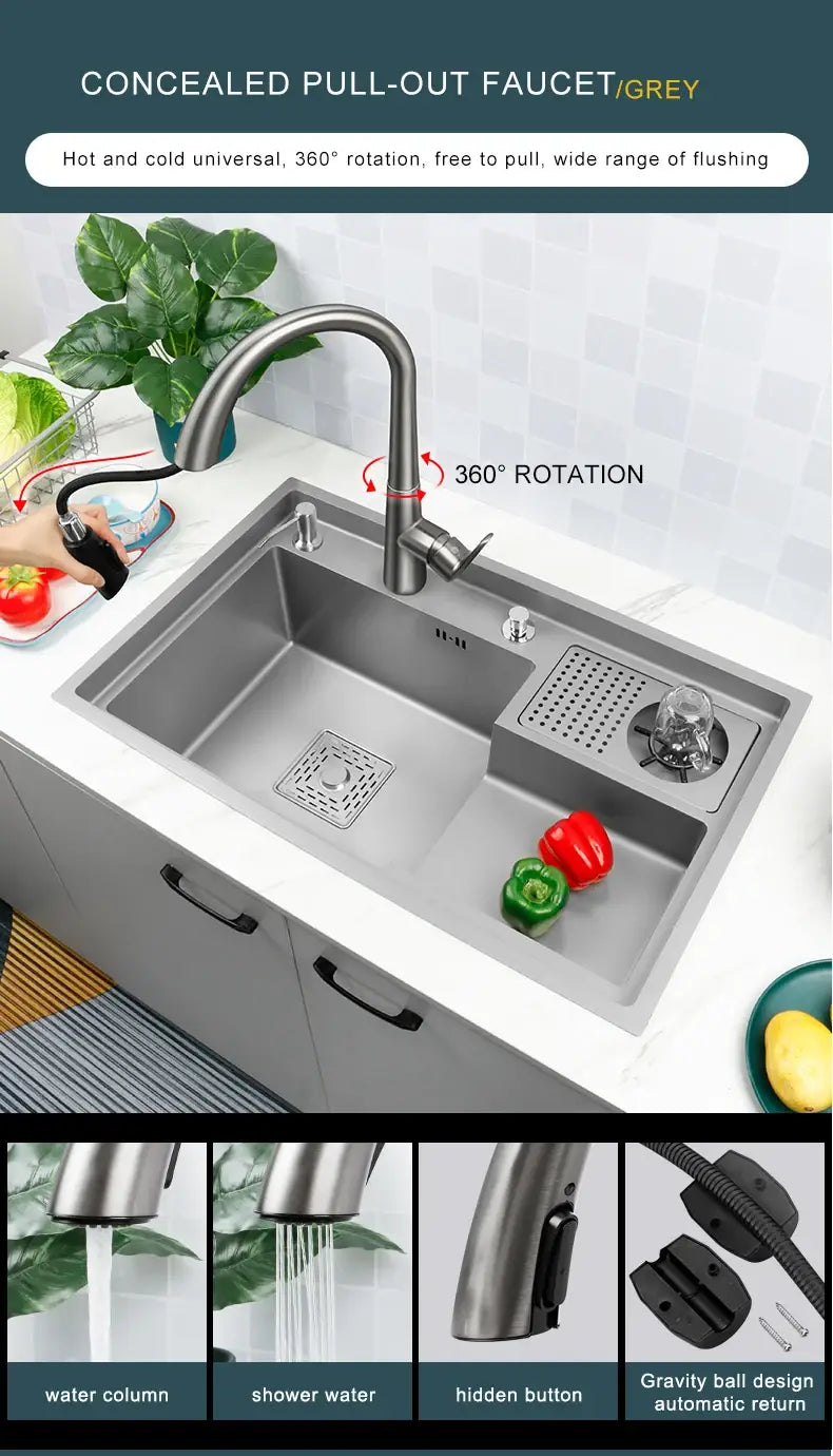 Grey Drop In Kitchen Sink Workstation Undermount Single Bowl