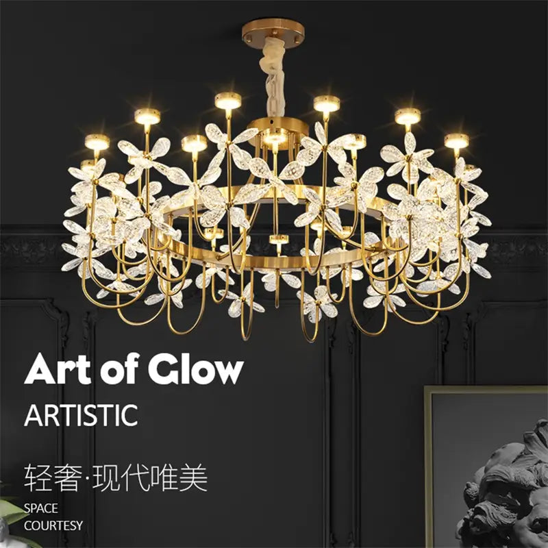 Luxurious Gold Flower Crystal Chandelier - Exquisite Pendant
