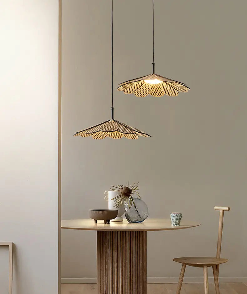 Korean Wood Dining Room Pendant Lights Petal Shape Warm