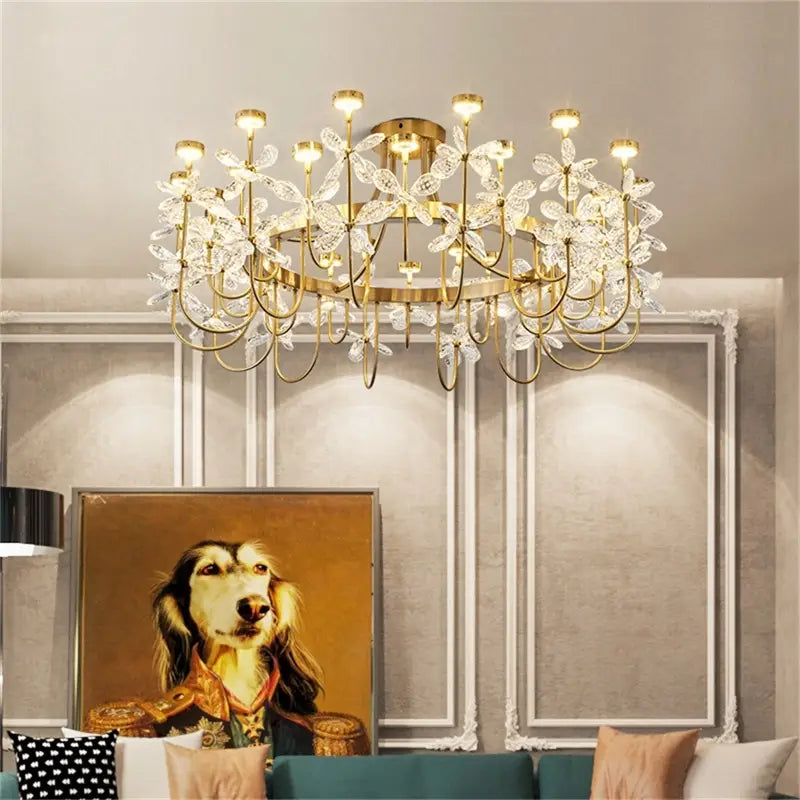 Luxurious Gold Flower Crystal Chandelier - Exquisite Pendant