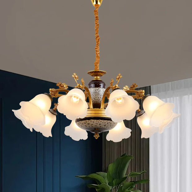 Antique Swooping Arm Chandelier Light 6/8/10 Bulbs Metal Ceiling Lamp in Black-Gold with Blossom Opal Glass Shade