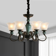 3/6-Light Pendant Light Rural Style Frosted Ribbed Glass Chandelier Lighting Fixture in Black with Swirl Arm