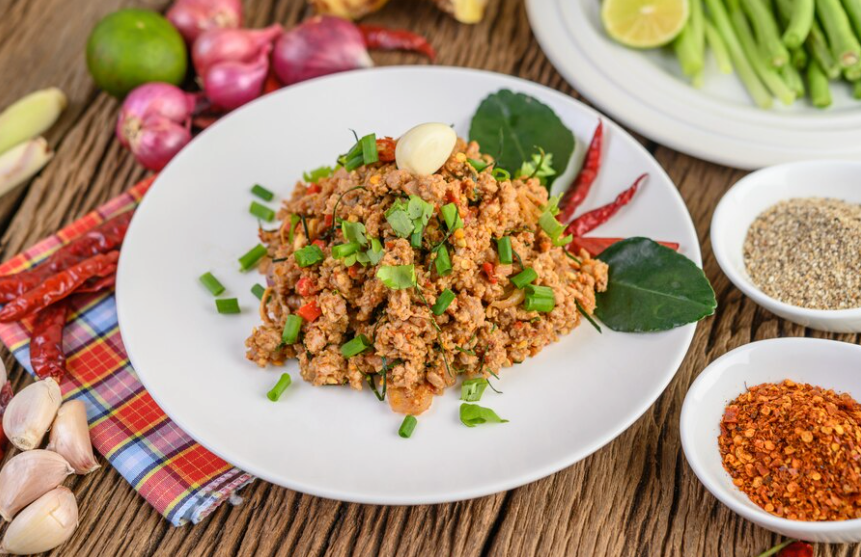 spicy minced pork salad thai basil herb