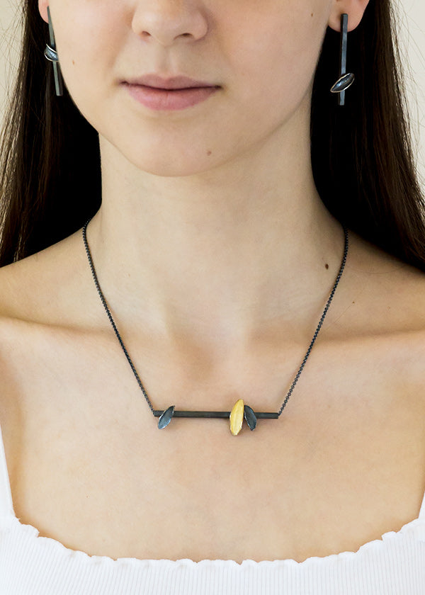 one of a kind darkened sterling silver and 14k yellow gold, inspired by nature, edgy design, artist made necklace