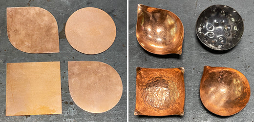 4 flat metal discs, then 4 hammered metal bowls of the same shapes