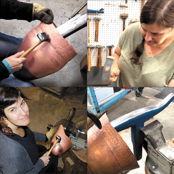 Catherine Grisez raising and hammering copper vessels at CG Sculpture and Jewelry
