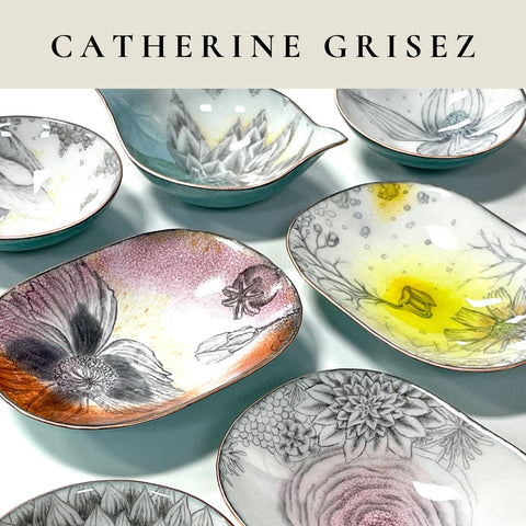 Catherine Grisez, copper and glass enamelware bowls with one of a kind paintings