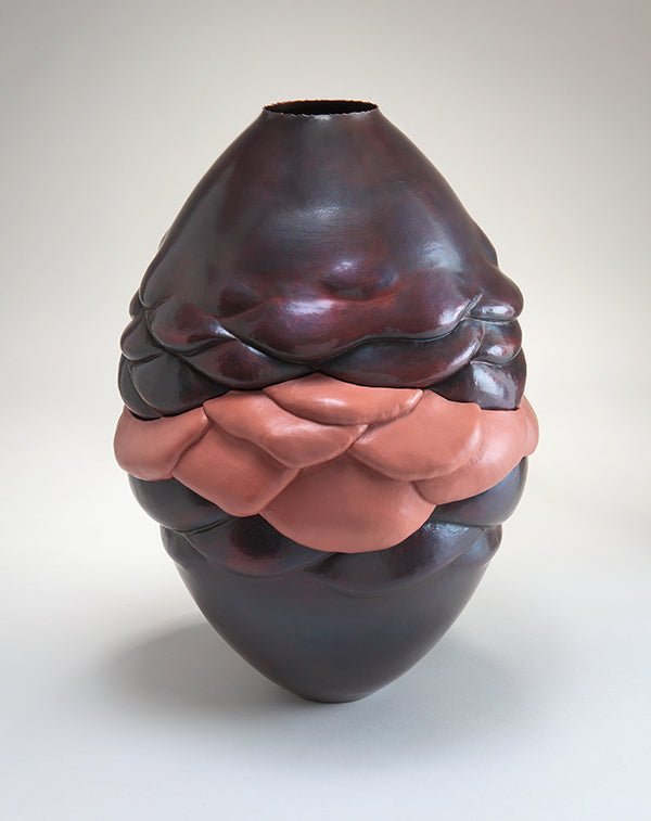 pink and red hammered and electroformed copper vessel with drooping folds, handcrafted by Seattle artist Catherine Grisez at CG Sculpture and Jewelry