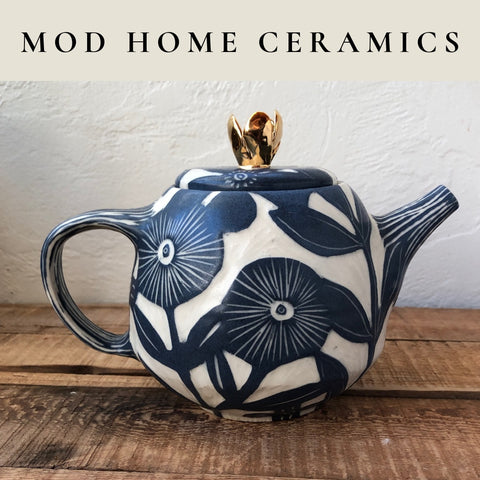 Nicole Pepper of Mod Home Ceramics - blue and white ceramic tea pot